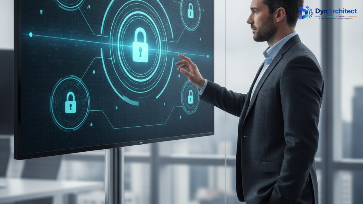Solution architect reviewing an authentication and identity security dashboard on a large monitor, representing Copilot Studio MCP server authentication decisions
