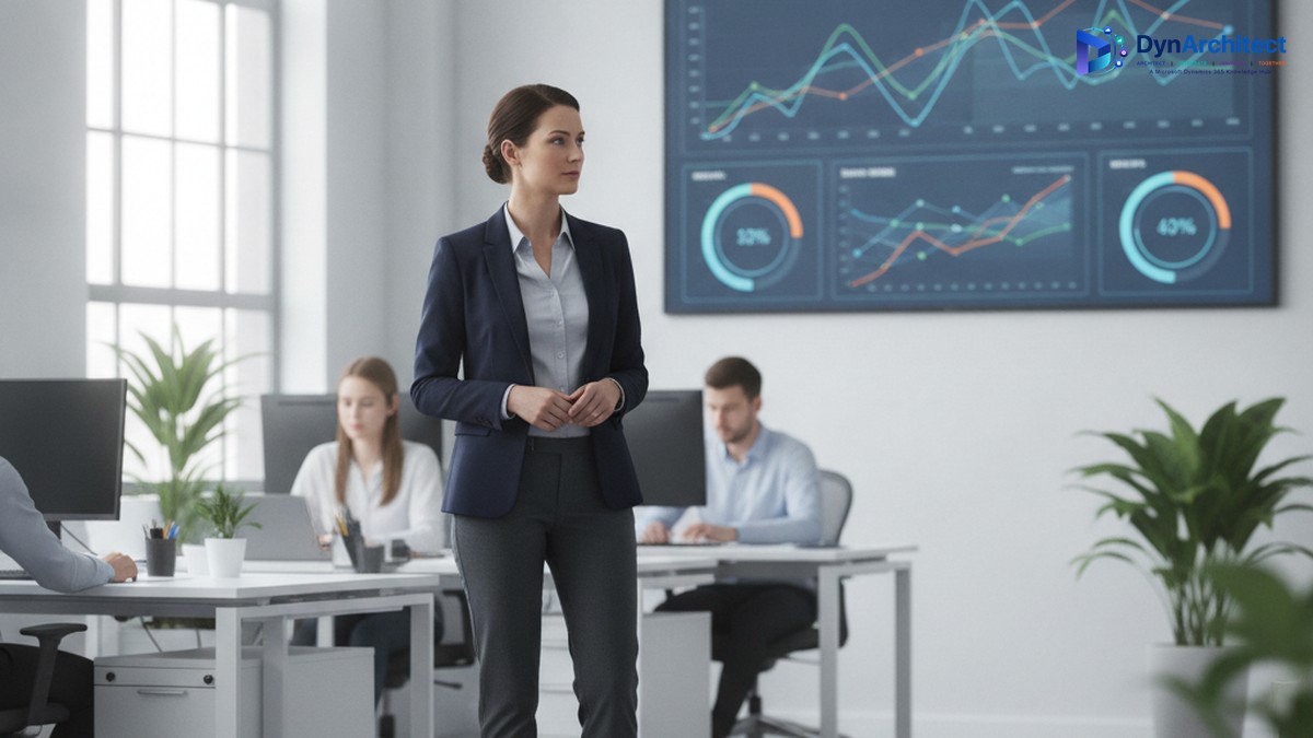 Operations manager reviewing a customer service agent performance dashboard in an enterprise office