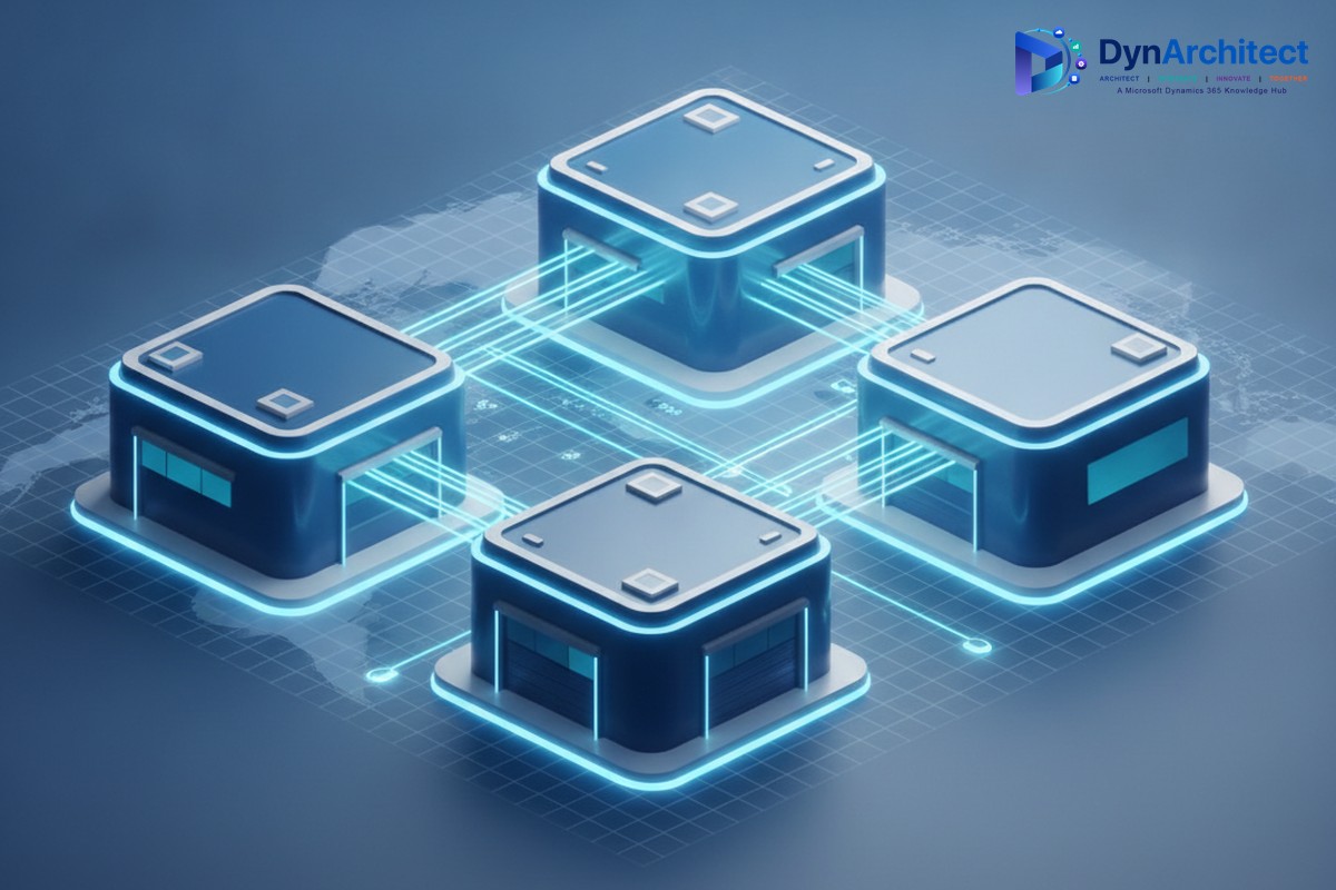 Abstract illustration of warehouse facilities connected by a glowing digital inventory routing network