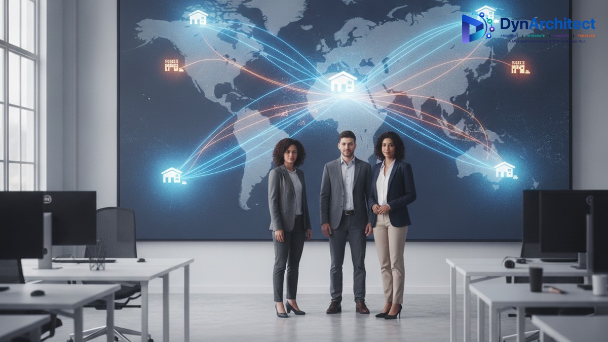 Operations team reviewing a network map dashboard showing warehouse fulfillment locations across a distributed retail supply chain