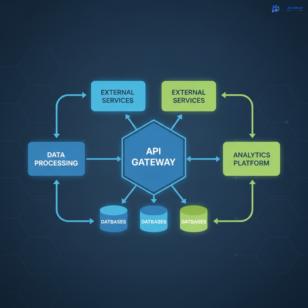 Cloud architecture diagram showing API gateway with multiple integrated systems