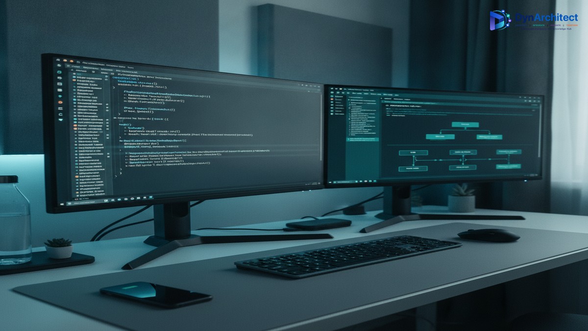 Developer workspace with multiple monitors showing AL code and API documentation