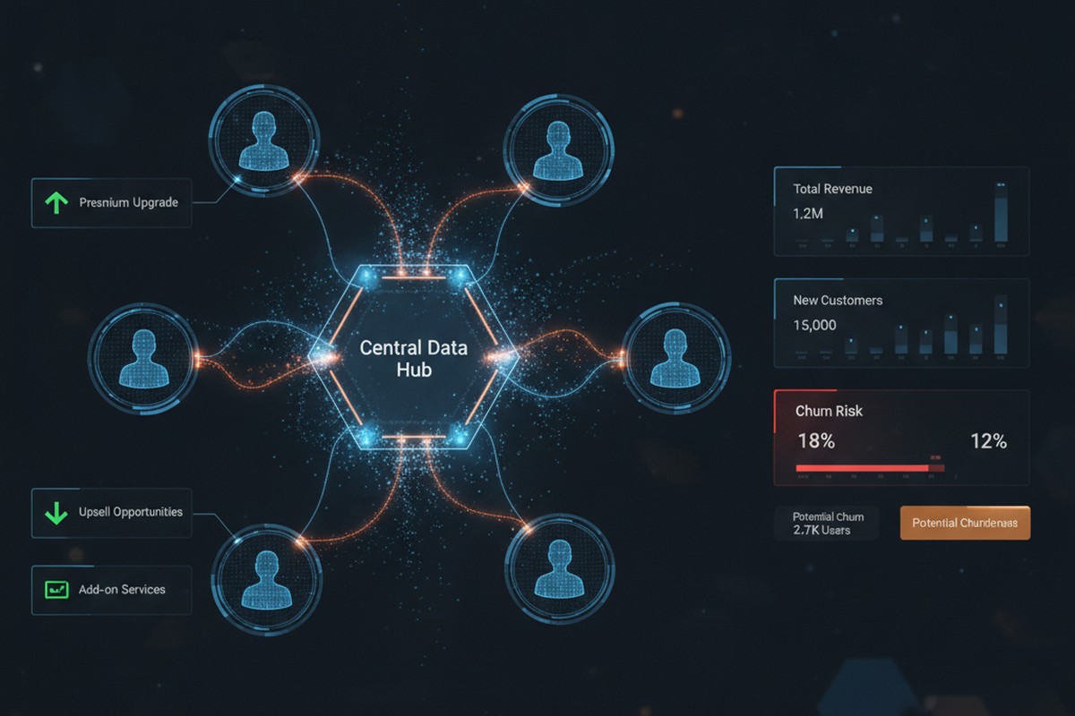 Customer insights and sales analytics visualization showing interconnected customer data, churn risk indicators, and upsell opportunities