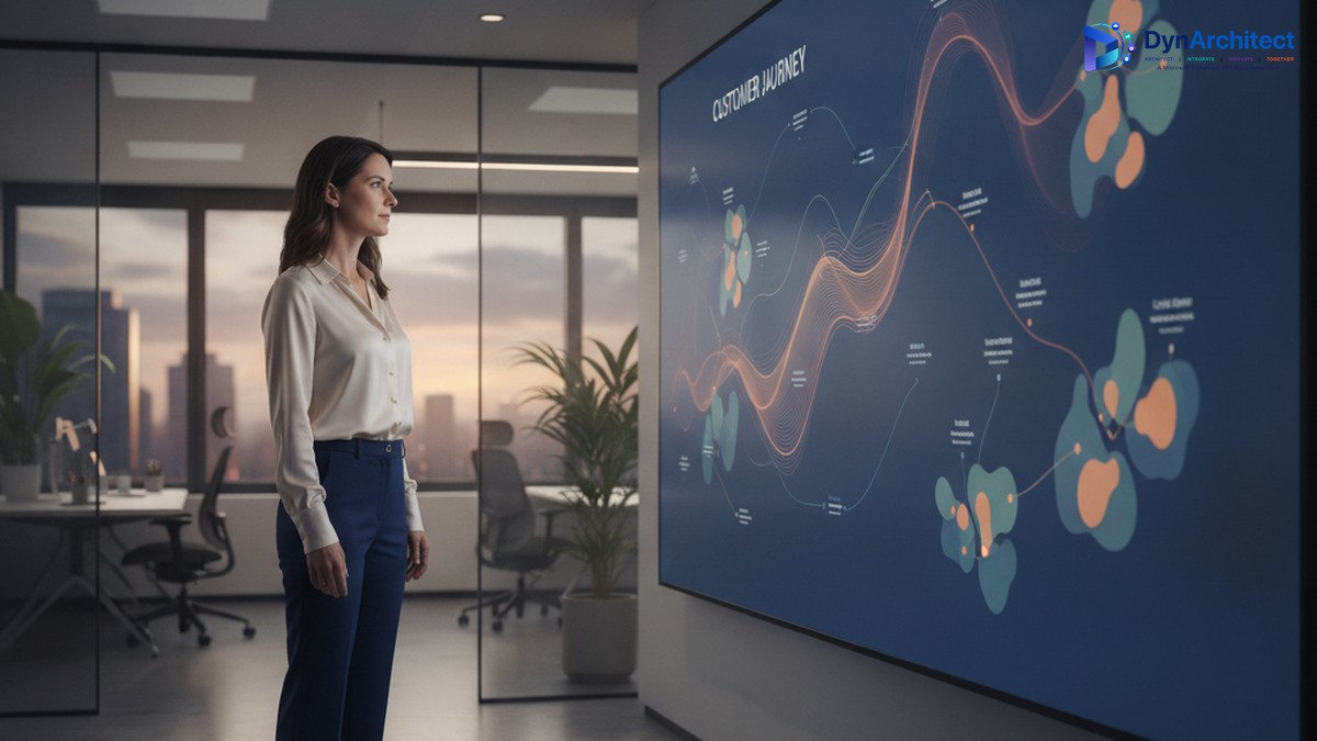 Marketing operations analyst reviewing a unified customer journey dashboard blending anonymous and known visitor data