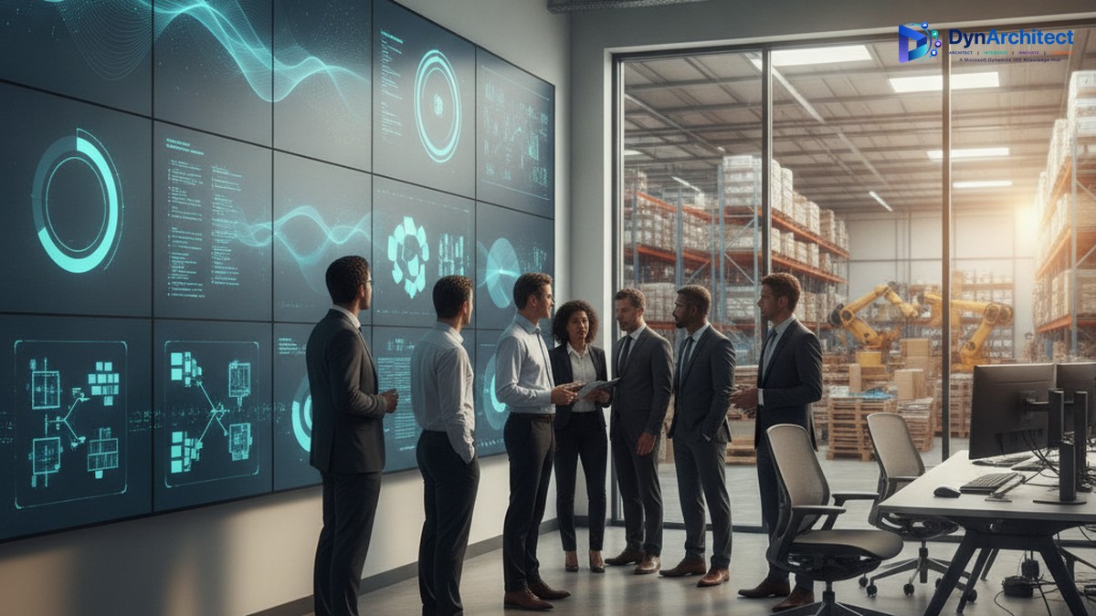 Supply chain team reviewing AI-driven demand planning dashboards in a modern operations control room