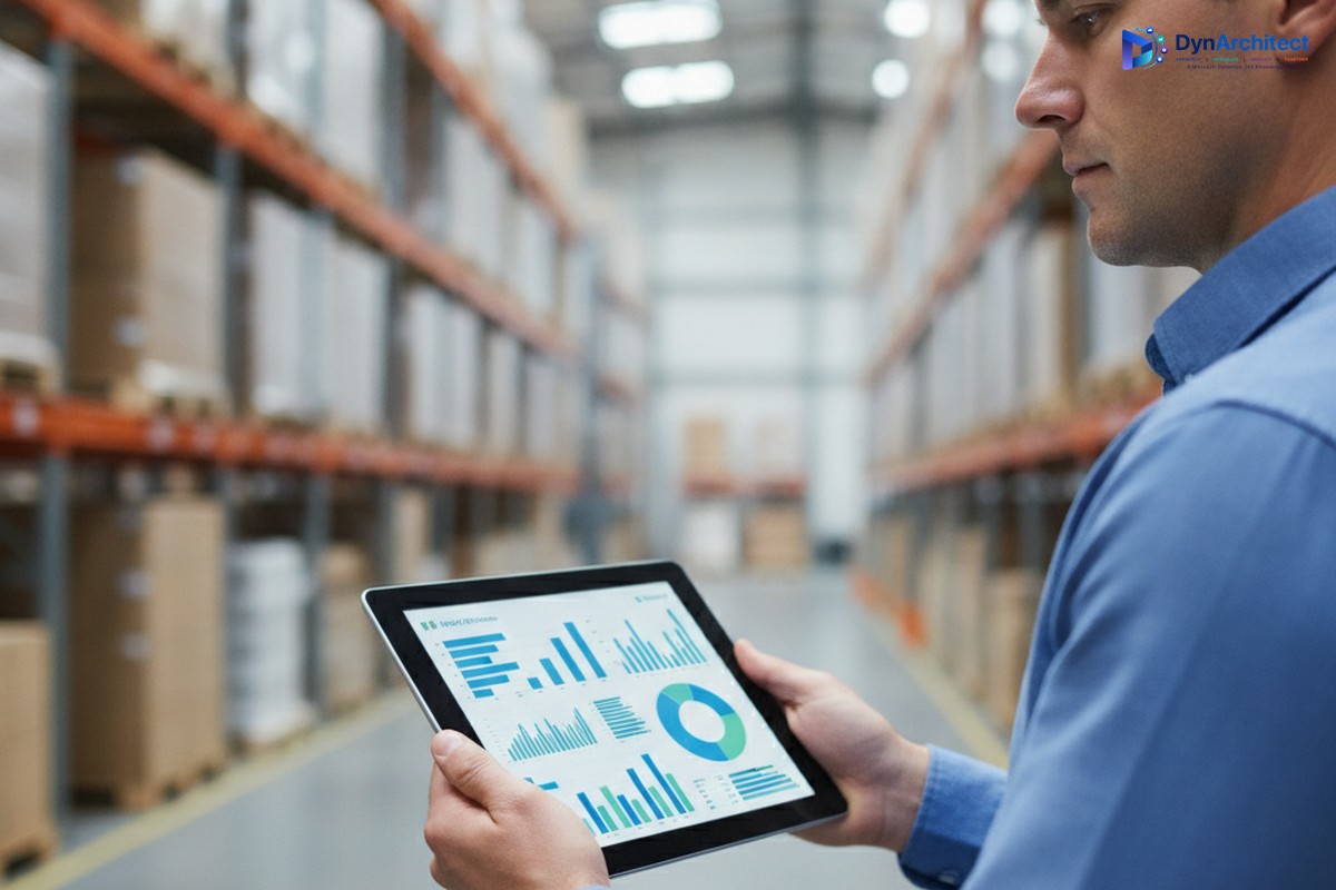 Warehouse operations professional reviewing an inventory and demand forecast dashboard on a tablet