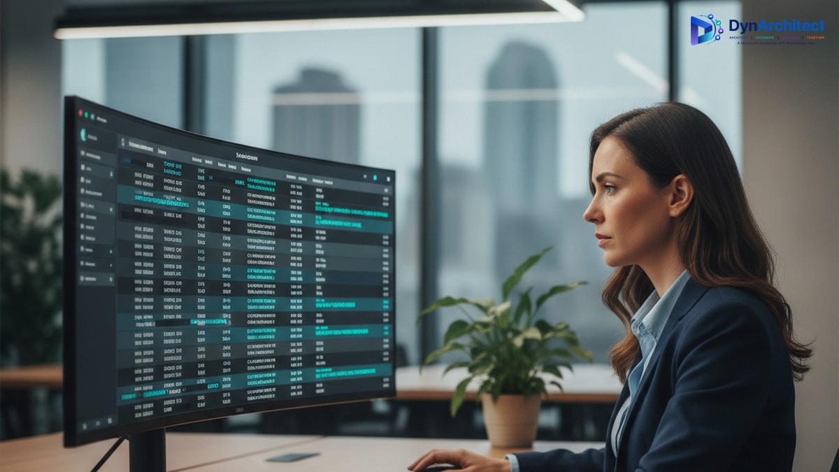 Compliance analyst reviewing a Dataverse audit log dashboard with some sensitive fields redacted before reaching Microsoft Purview