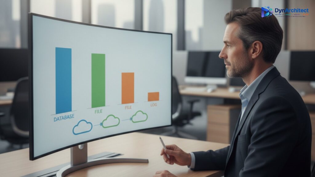 IT director reviewing a Dataverse storage capacity dashboard showing database, file, and log usage