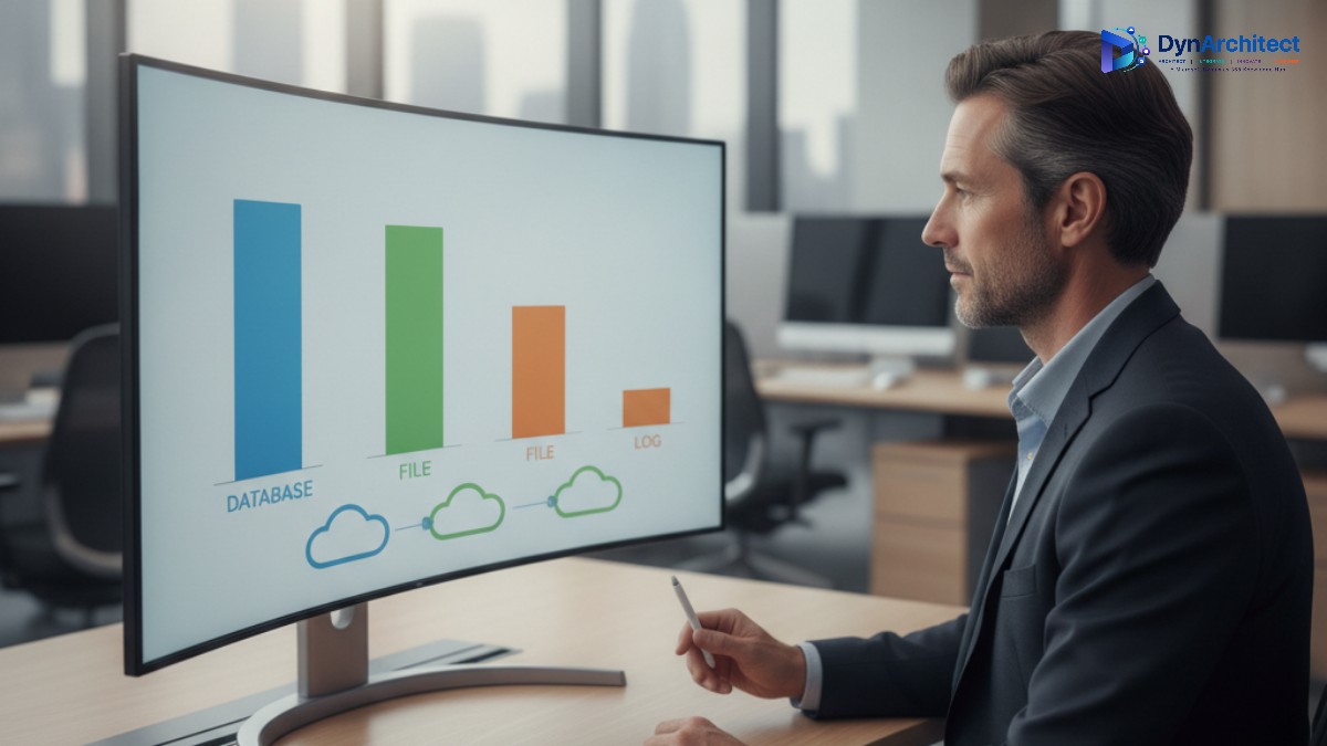 IT director reviewing a Dataverse storage capacity dashboard showing database, file, and log usage