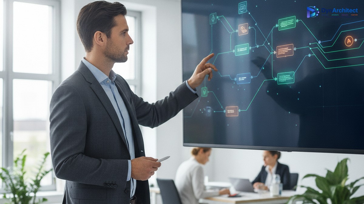 An IT solutions architect presenting a software deployment pipeline diagram on a large office monitor