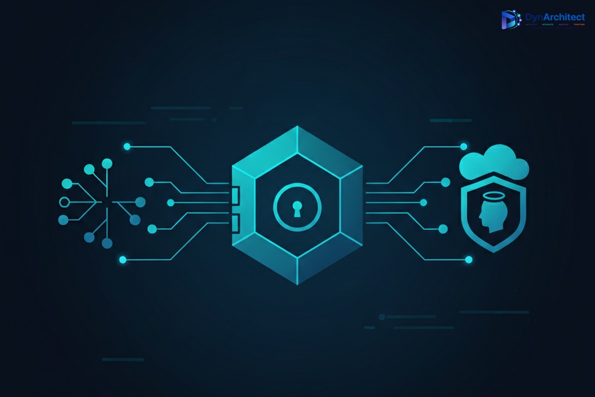 Abstract illustration of a secure vault connected to a code repository network and a cloud identity shield, representing credential management between GitHub and Dataverse