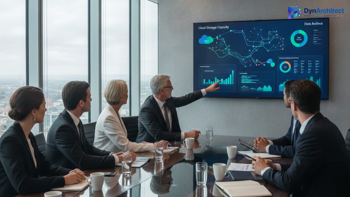 IT and finance leaders reviewing a Dataverse storage capacity dashboard in a boardroom