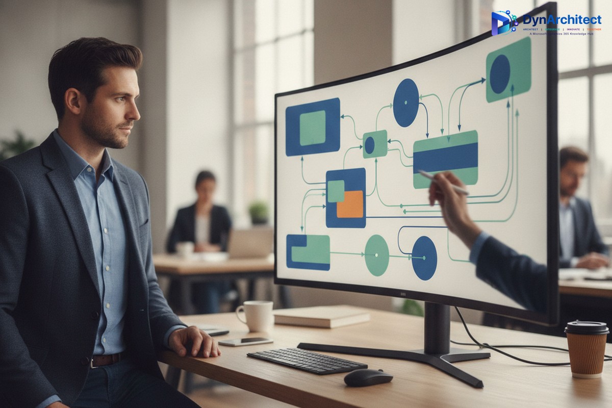 Solution architect reviewing a cloud data pipeline migration diagram on a monitor in an office setting