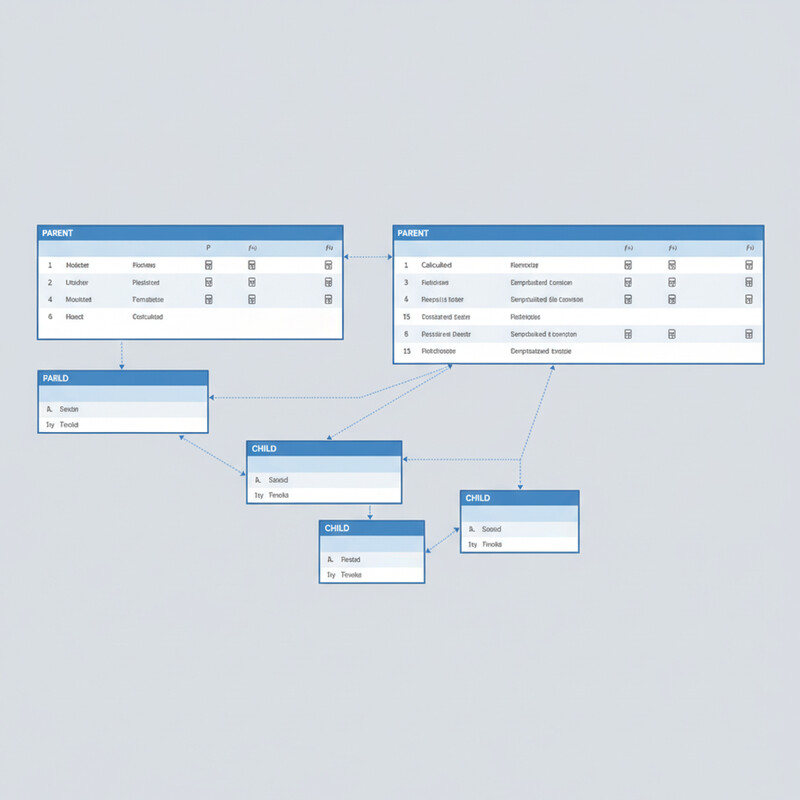 Database schema showing parent-child record relationships and calculation flows