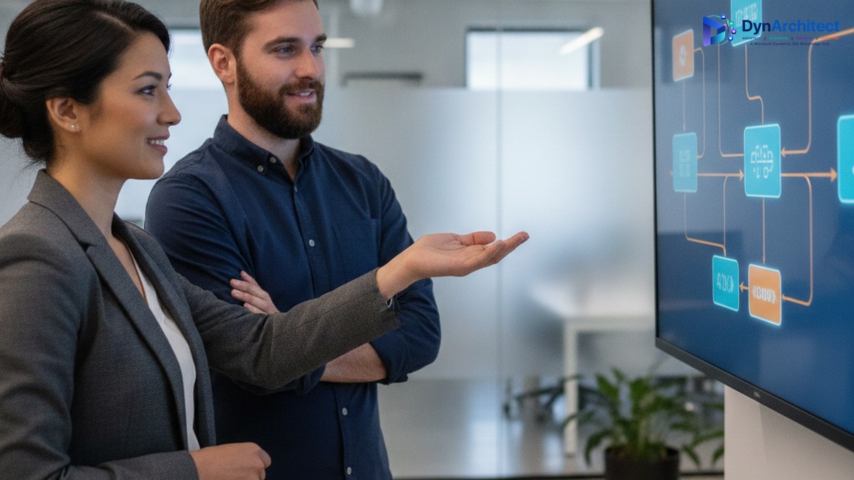 Solutions architect and developer reviewing a Dataverse deployment pipeline diagram on an office monitor