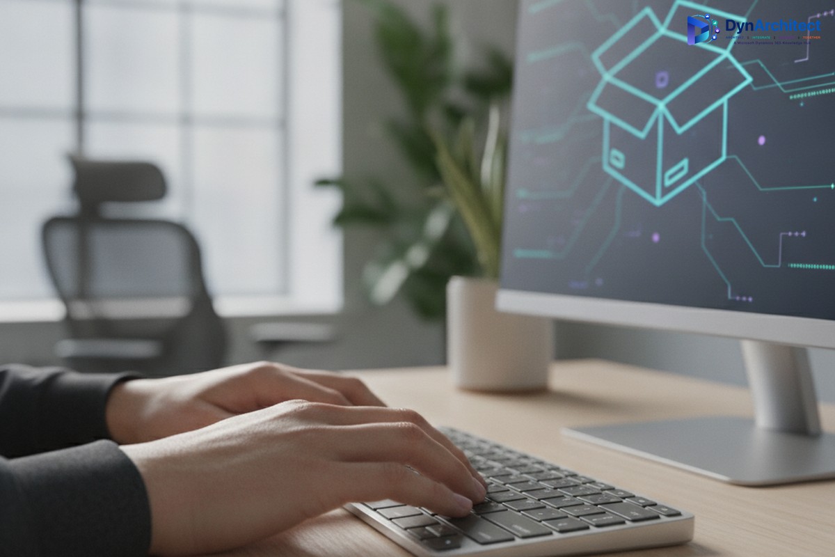 Developer typing on a laptop with a monitor showing an abstract NuGet package deployment graphic