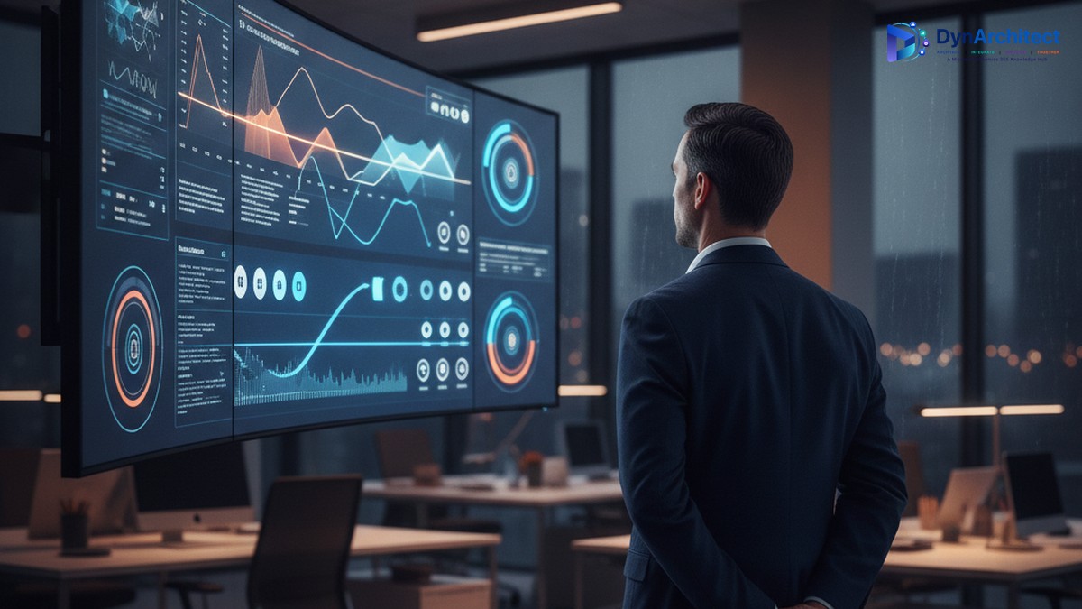 Solution architect reviewing a data recovery and system administration dashboard on a large monitor in a modern office