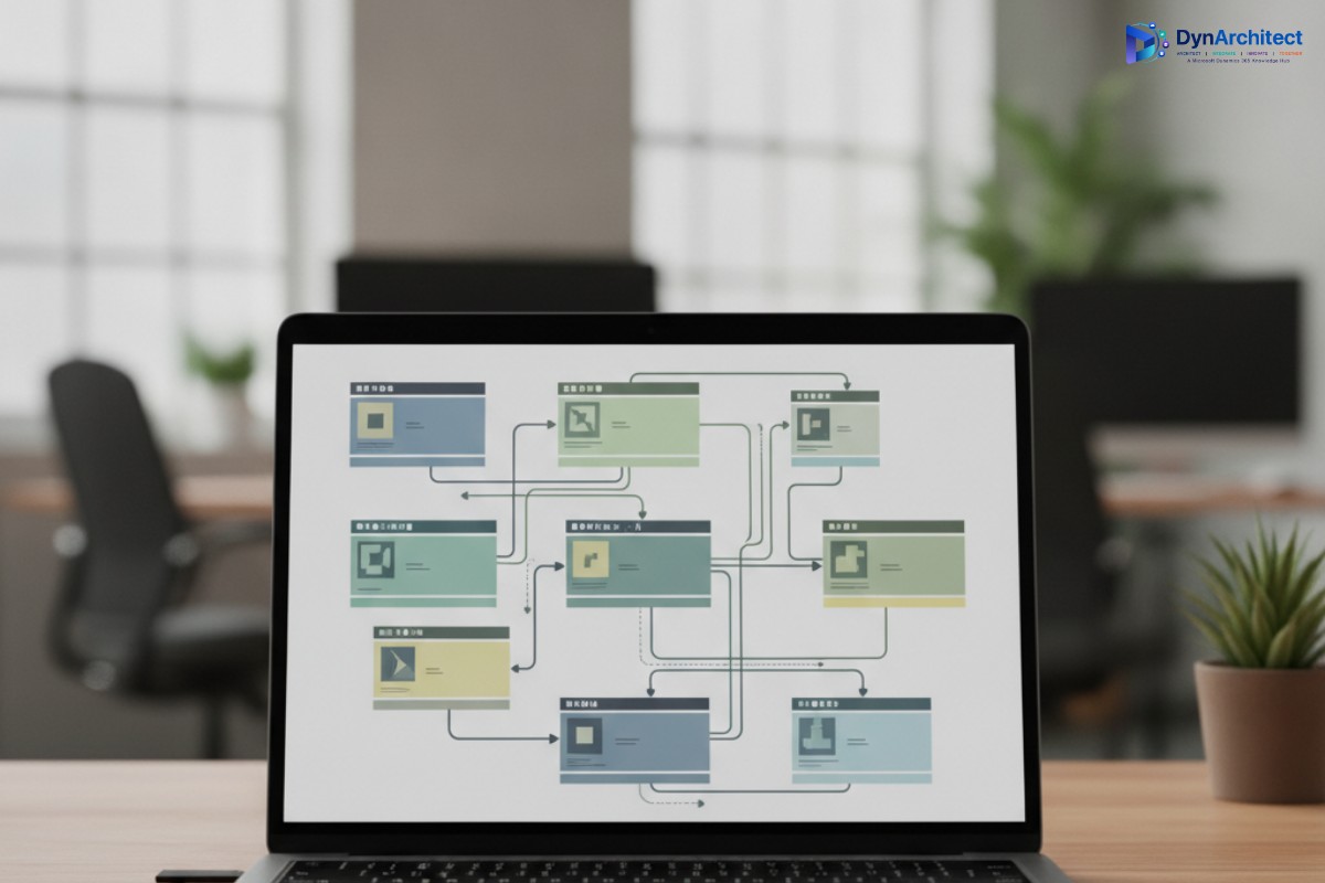 Close-up of a laptop screen showing an abstract database table relationship diagram on a desk