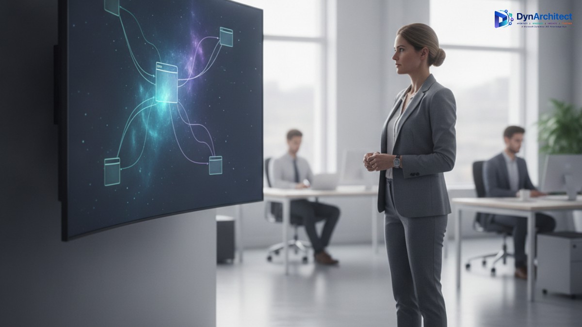 Solution architect reviewing an entity-relationship diagram of Dataverse tables on a wall-mounted monitor in a modern office