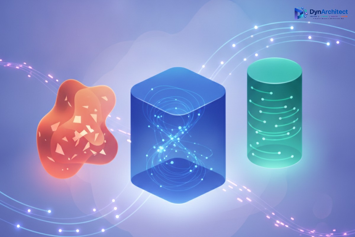 Abstract illustration of database, file, and log storage blocks connected by data flow lines representing Dataverse capacity