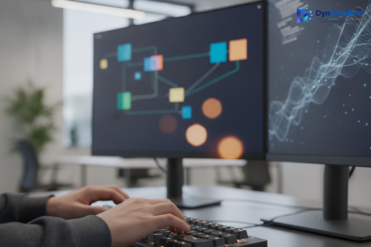 Developer typing on keyboard with dual monitors showing an AI coding agent editing a low-code application interface