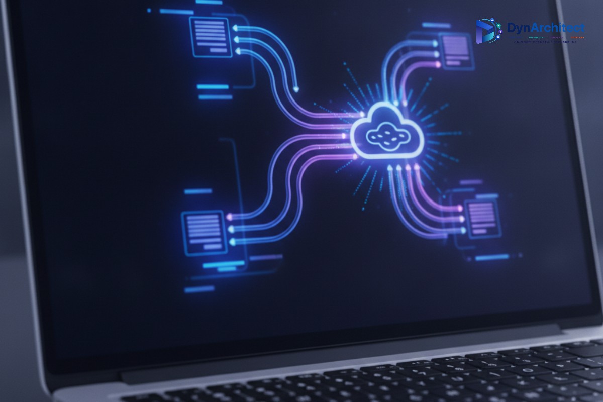 Abstract visualization of real-time data synchronization from Dynamics 365 F&O into Microsoft Fabric OneLake
