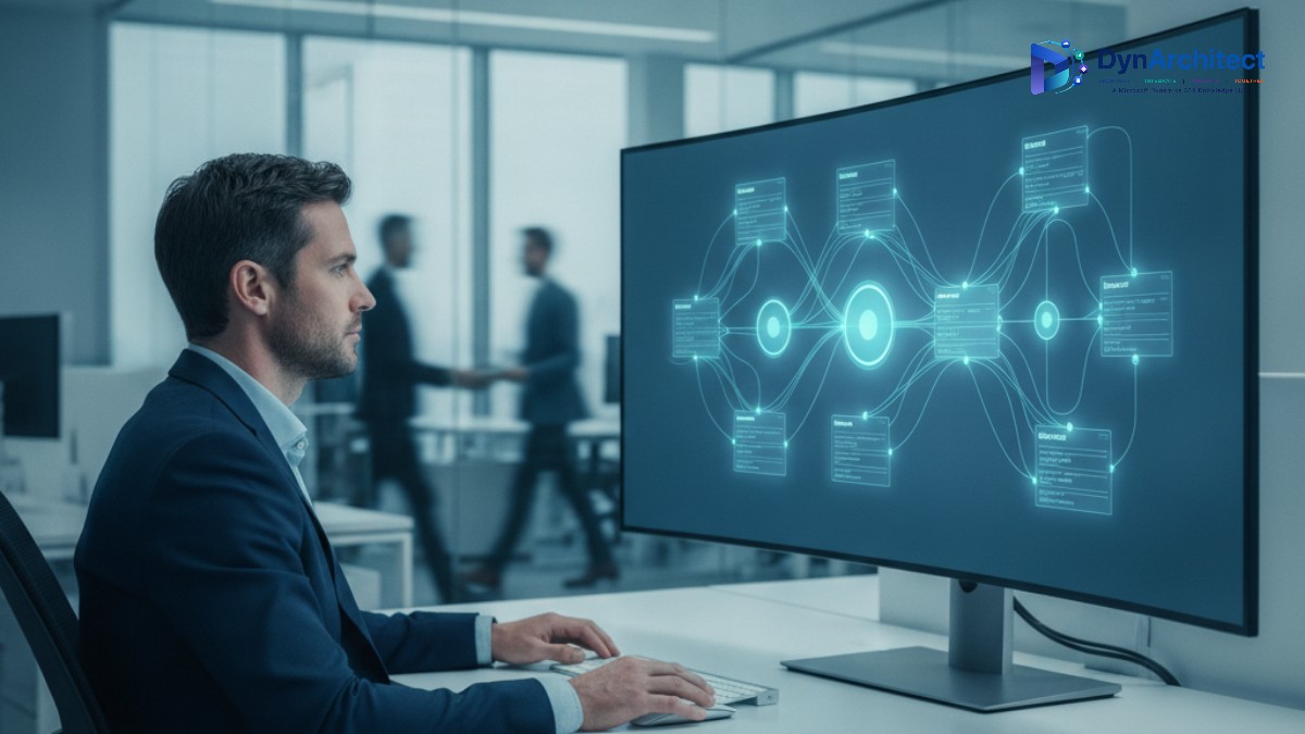 BI developer reviewing a Direct Lake semantic model diagram for Dynamics 365 F&O data on a widescreen monitor