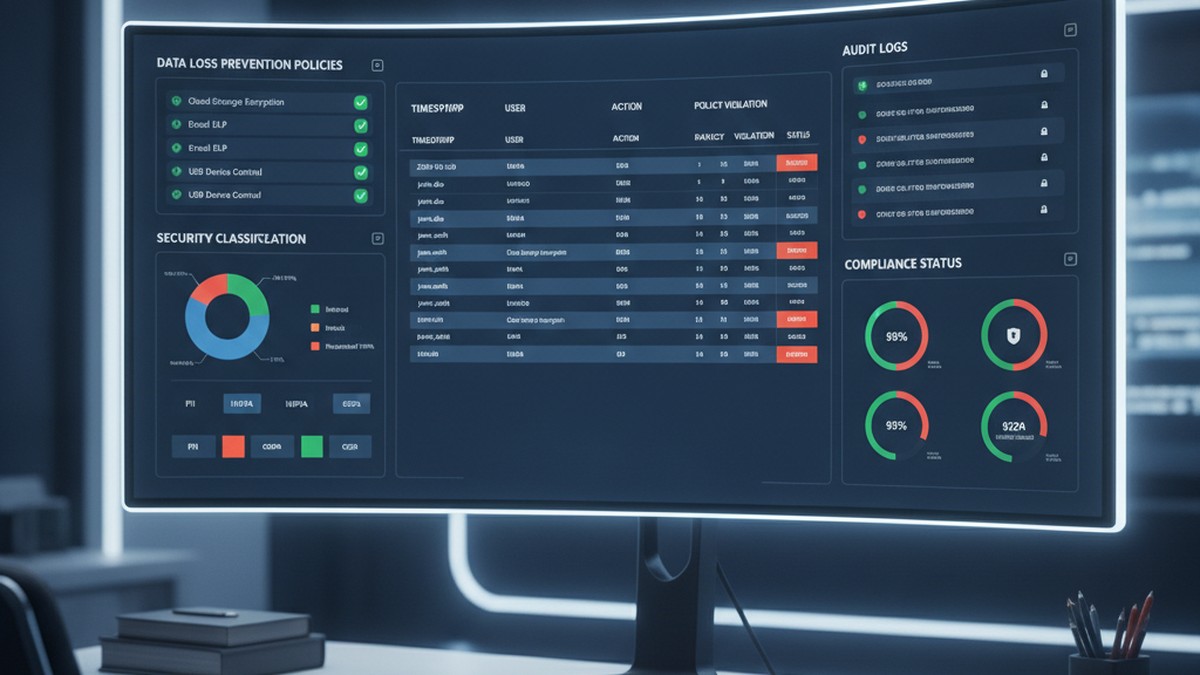Enterprise data governance dashboard showing Data Loss Prevention policies and security classifications