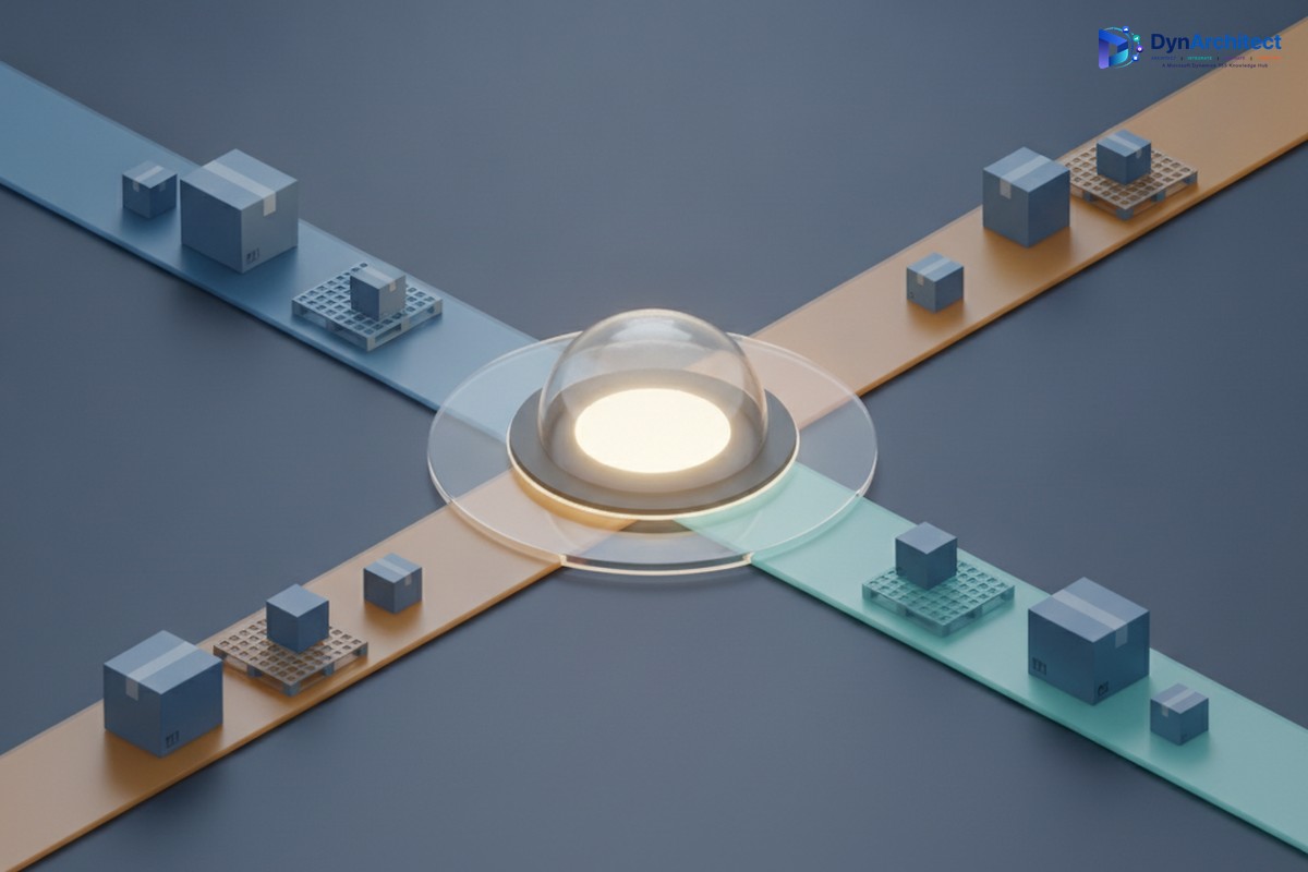 Abstract illustration of a digital routing engine sorting warehouse work into color-coded priority lanes