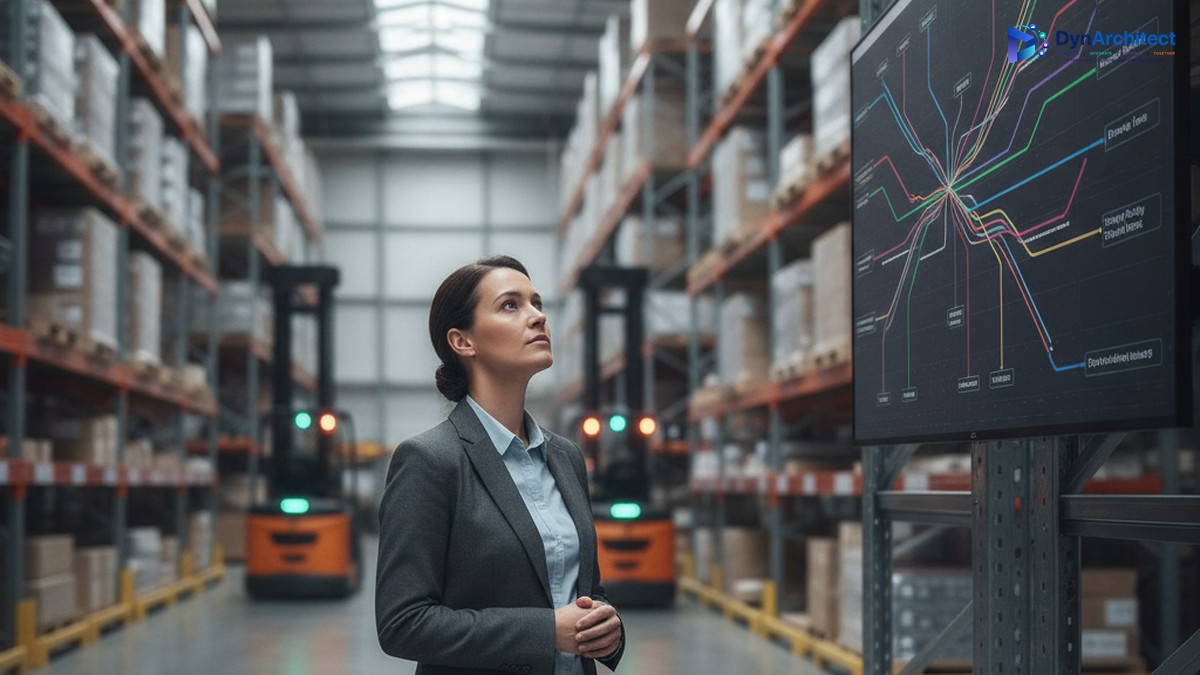 Warehouse operations supervisor reviewing an automated work routing dashboard on a wall-mounted screen in a distribution center