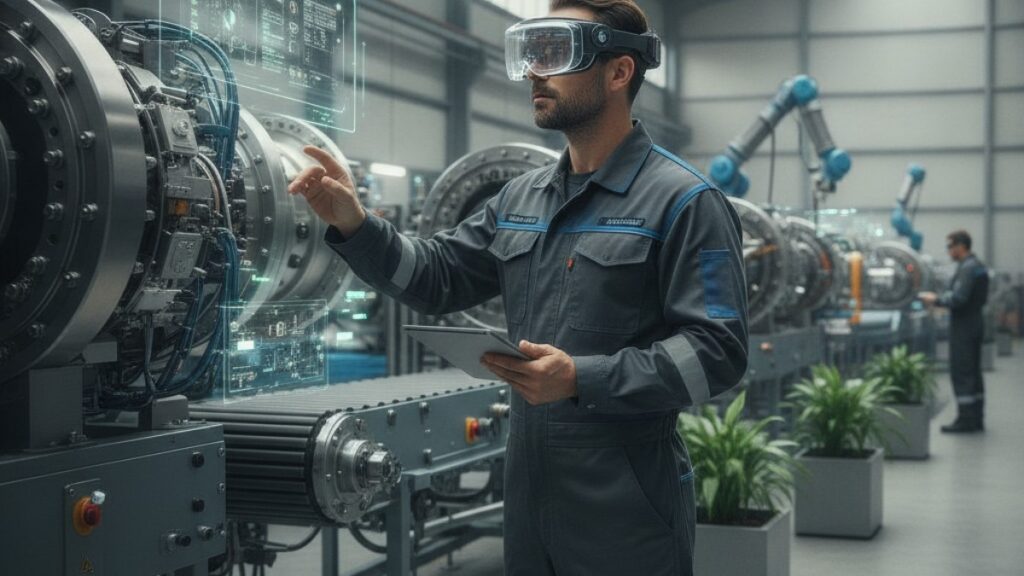 Field service technician wearing a mixed reality headset inspecting industrial equipment