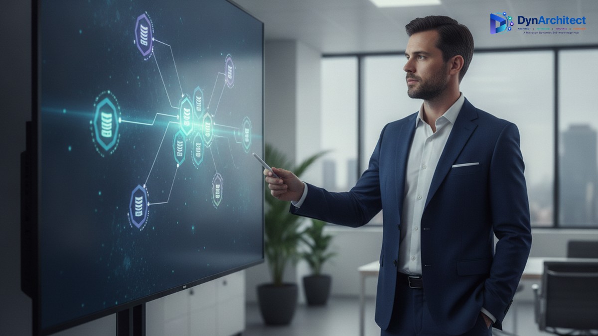 Solution architect reviewing a Dynamics 365 Sales AI agent integration architecture diagram on a monitor