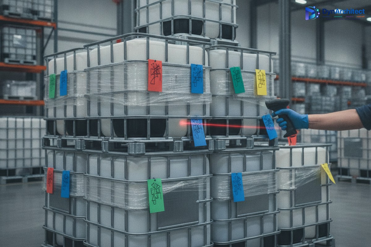 Warehouse worker scanning a raw material batch tracking tag before reservation for a production order