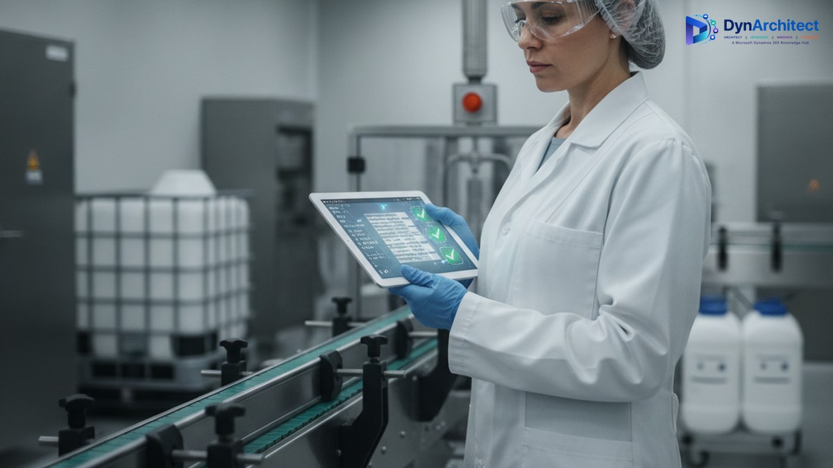 Quality assurance manager reviewing a batch record on a tablet on a regulated manufacturing production line