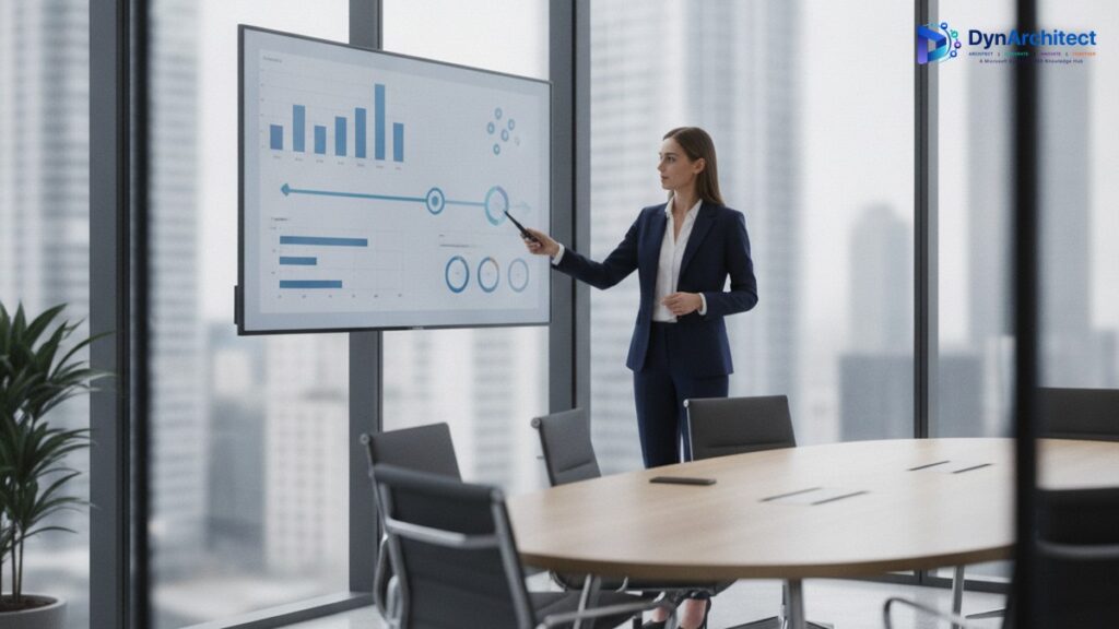 Finance executive reviewing an ERP migration timeline and dashboard on a boardroom screen