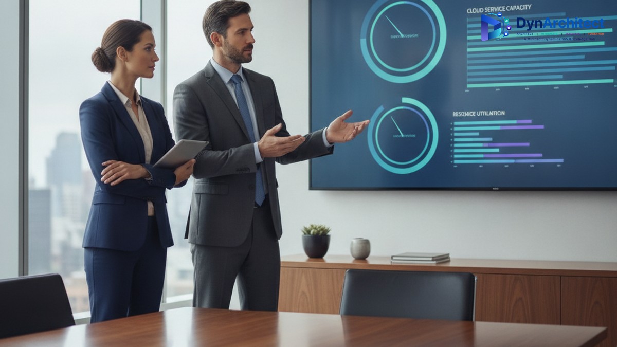 A finance director and IT director review a cloud service capacity dashboard on a boardroom screen