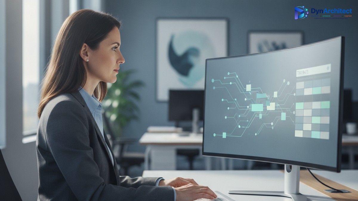 Finance systems analyst reviewing Dynamics 365 tax configuration data on a monitor