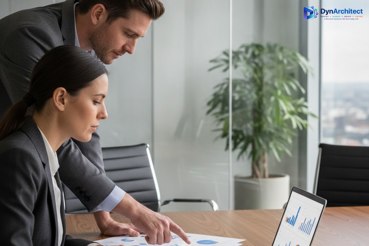 Two enterprise IT professionals reviewing a tax migration report and dashboard