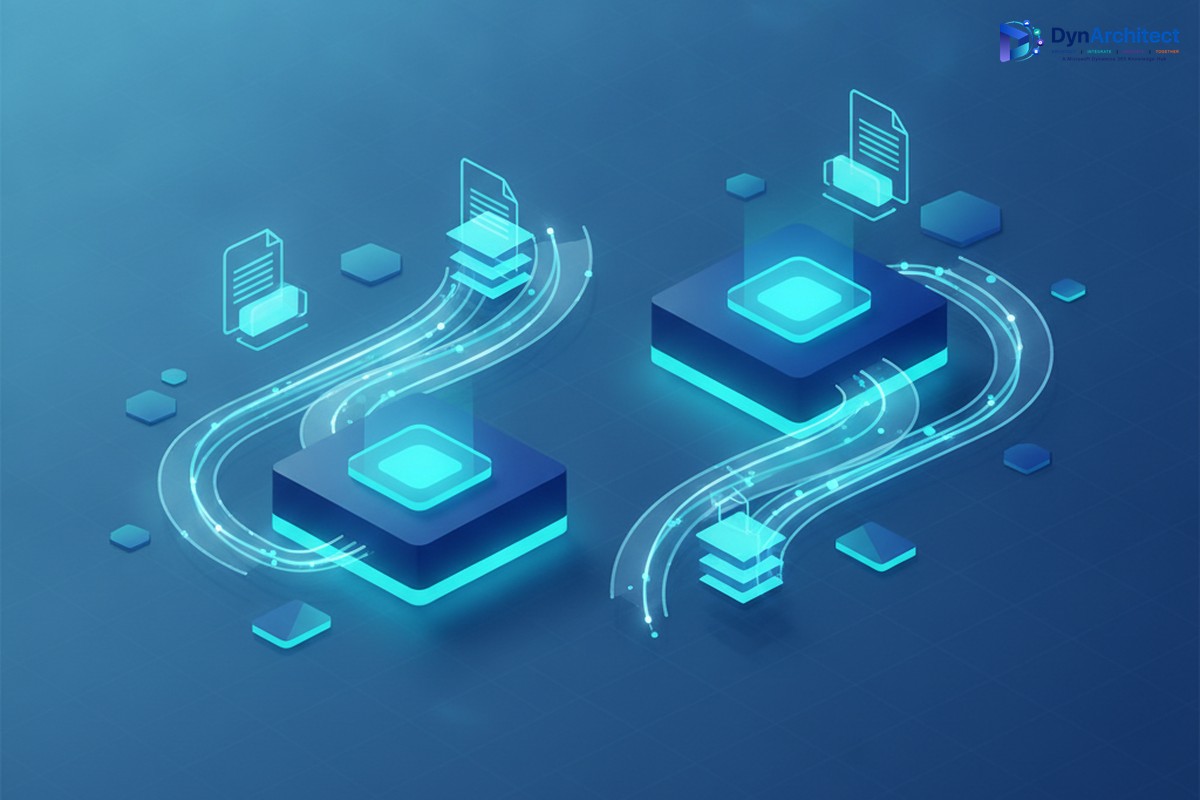 Abstract illustration of electronic documents flowing between two connected trading partner networks