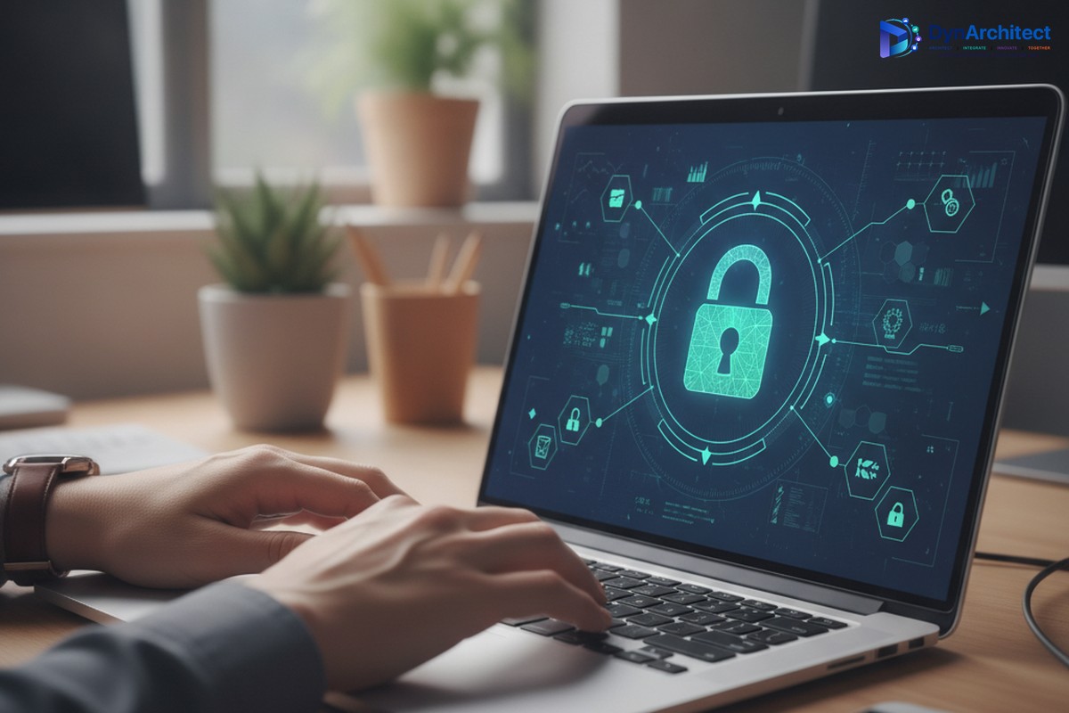 Close-up of a compliance professional reviewing an encryption key management interface on a laptop