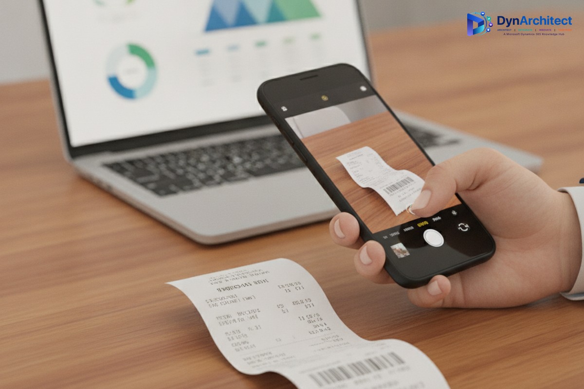 Employee capturing a paper receipt with a smartphone for expense report submission