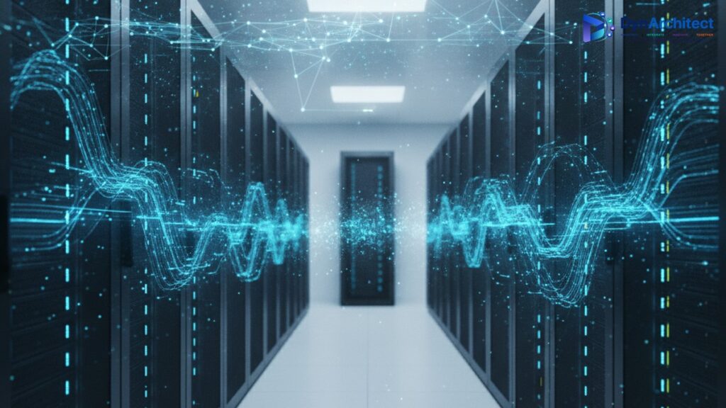 Cloud data architecture visualization showing data streams flowing through an enterprise server environment, representing Dataverse and Azure data lake integration