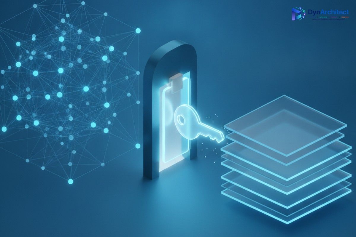 Abstract illustration of a digital identity key passing through a security gate to access layered data lake tables