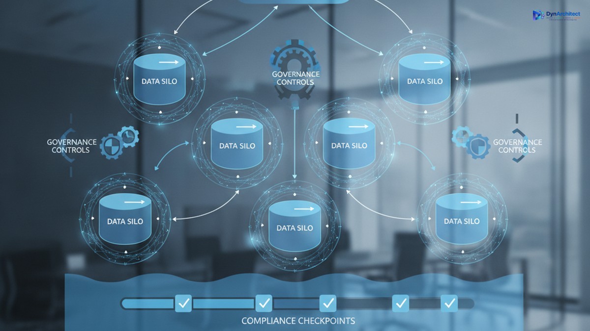 Enterprise data governance dashboard showing Dataverse multi-tenant architecture with secure data silos and compliance controls