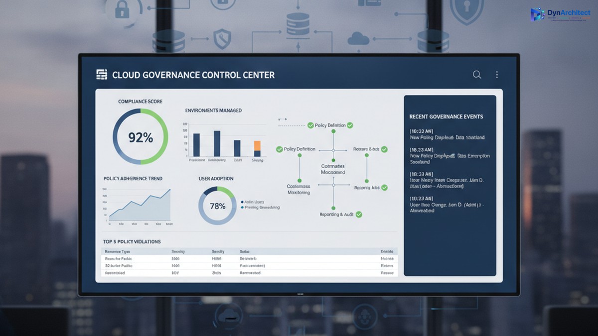 Enterprise cloud governance dashboard showing compliance metrics and governance control center