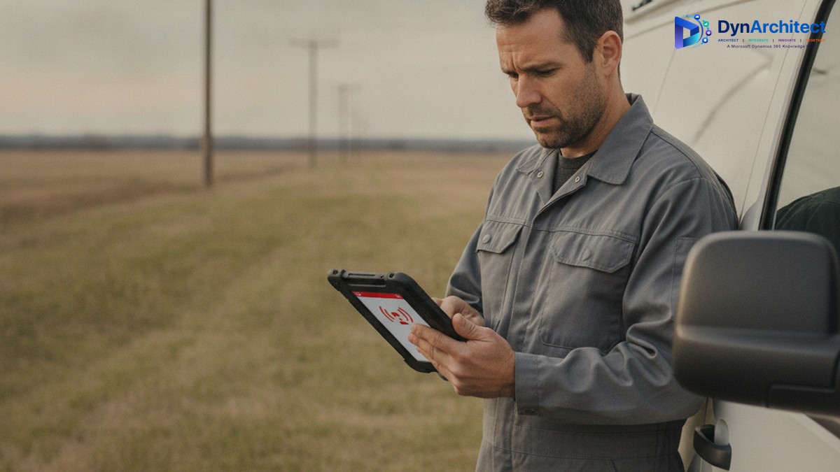 Field service technician reviewing a mobile app on a rugged tablet at a remote service site
