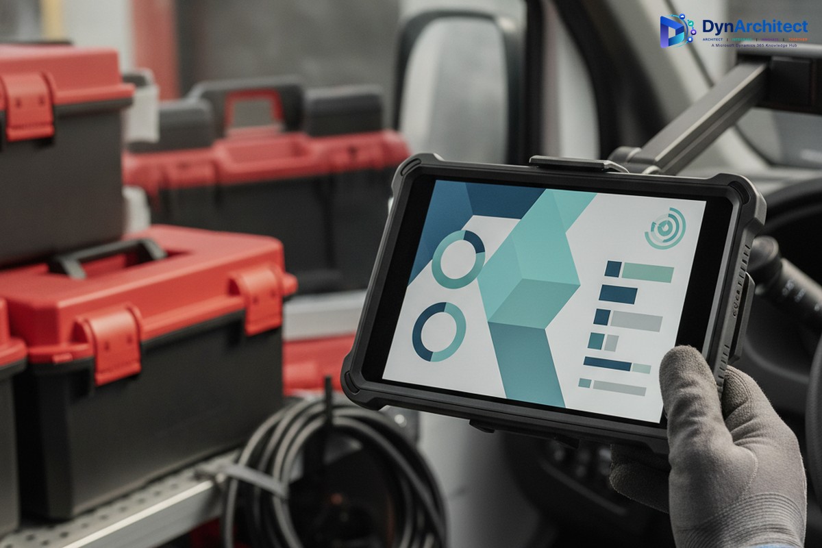 Rugged tablet showing a sync status dashboard inside a field service van