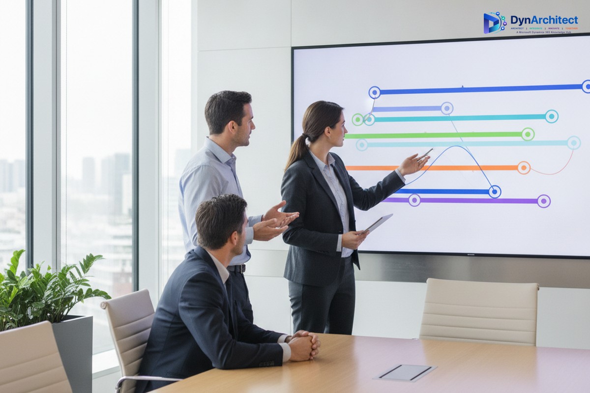 Finance and IT team reviewing an ERP migration project timeline on a large office display