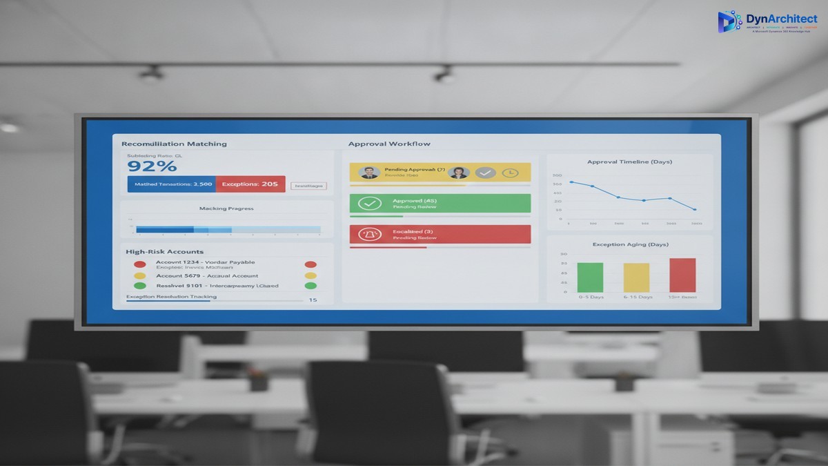Dynamics 365 Finance month-end close dashboard with reconciliation and approval workflows