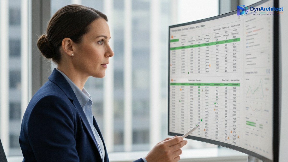 Finance professional reviewing a general ledger reconciliation dashboard with matched and unmatched transaction indicators